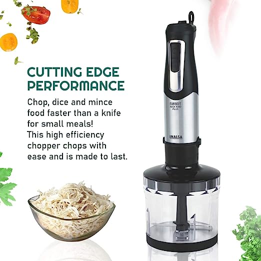 Inalsa Hand Blender Robot INOX 1000 Plus-1000 Watt with Chopper, Whisker, Potato Masher, Multipurpose Jar|Variable Speed |2 Year Warranty,(Silver/Black) Inalsa Hand Blender Robot INOX 1000 Plus-1000 Watt with Chopper, Whisker, Potato Masher, Multipurpose Jar|Variable Speed |2 Year Warranty,(Silver/Black)